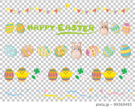 イースターのウサギとヒヨコと卵のラインイラストのセット 99368493