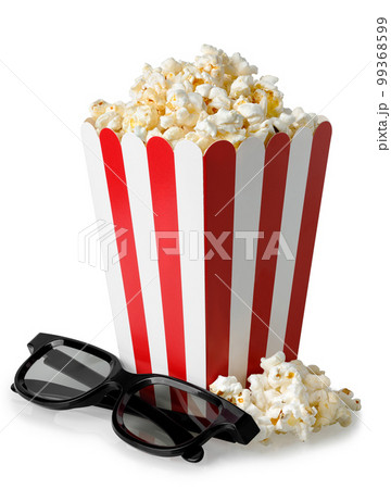 popcorn in red and white cardboard bucket with 3d glasses isolated on white popcorn in red and white cardboard bucket with 3d glasses isolated on white 99368599