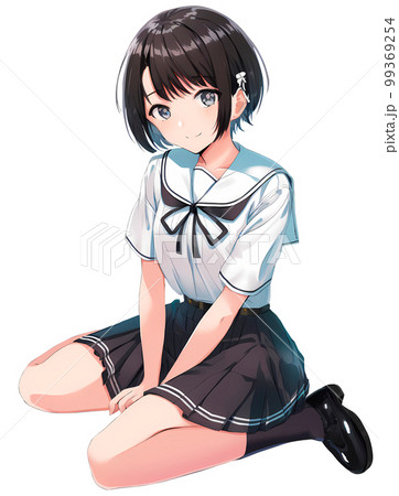 ぺたん座りをする女子生徒　アニメ風イラスト　AI生成画像 99369254