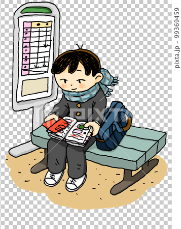 Male student color studying while waiting at the bus stop Male student color studying while waiting at the bus stop 99369459