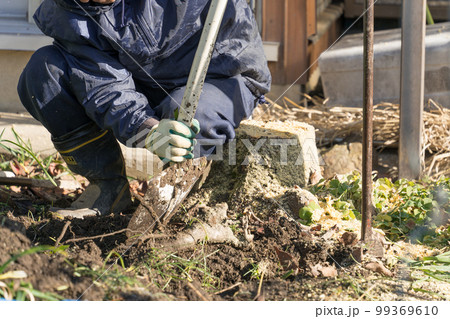 住宅の庭の切り株を除去する庭師 99369610