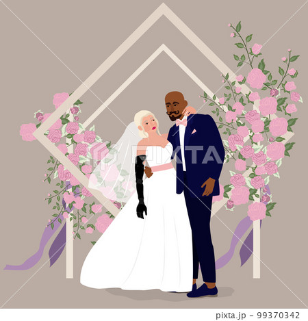 The groom and inclusive bride in a wedding dress. 99370342