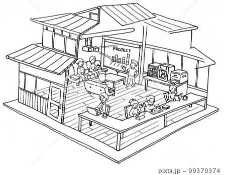 空き家の古民家をリノベーションしたおしゃれなコワーキングスペースのイラスト（線画） 99370374