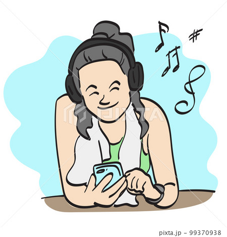 line art woman in sportswear using smartphone and headphone illustration vector hand drawn isolated on white background 99370938