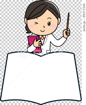 A woman explaining using a simple frame of a book/notebook 99371504