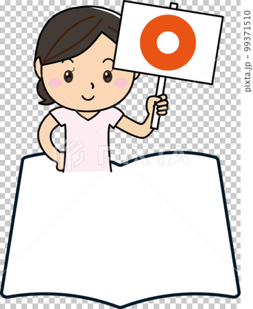 本・ノートのシンプルなフレームと正解のプラカードをかざす女性 99371510