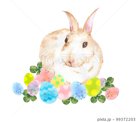 イースターエッグとウサギの水彩イラストのイラスト素材 [99372203