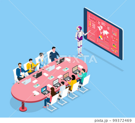 AI Learning and Artificial Intelligence Concept with Business team seated around table listening to Humanoids Robot describe business trend and market analysis.  Vector Illustration eps10 99372469