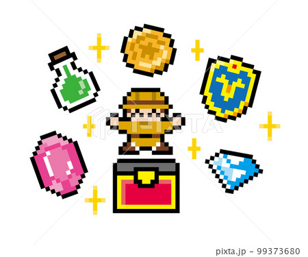 探検ゲーム風ドット絵　宝箱を開ける探検家 99373680