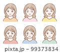 セミロングヘアーの女性の6種類表情のイラスト(アイコン)  99373834