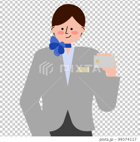 Illustration of a female flight attendant holding a credit card (gray uniform) Illustration of a female flight attendant holding a credit card (gray uniform) 99374117