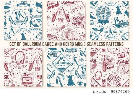 Retro music club and ballroom dance sport club seamless pattern. Background with shoes for ballroom dancing, man, woman, retro microphone, saxophone, audio cassette, classical acoustic guitar 99374260