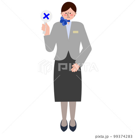 女性の客室乗務員がバツの札を上げているイラスト(グレーの制服) 女性の客室乗務員がバツの札を上げているイラスト(グレーの制服) 99374283