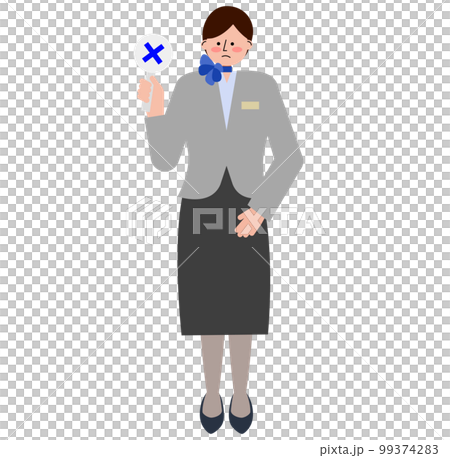 女性の客室乗務員がバツの札を上げているイラスト(グレーの制服) 女性の客室乗務員がバツの札を上げているイラスト(グレーの制服) 99374283