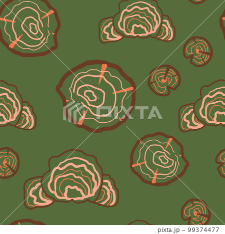 Tree stump circle rings seamless pattern on green background. Cute wood log silhouette vector print 99374477