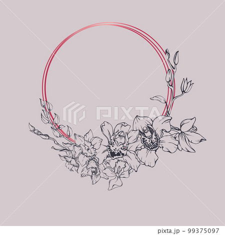 Hand drawn vector ink orchid flowers and branches, monochrome, detailed outline. Circle wreath composition. Viva magenta color. Design for wall art, wedding, print, tattoo, cover, card. 99375097