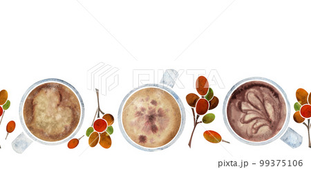 Watercolor hand drawn horizontal seamless banner with capuccino coffee cups, raw beans, top view. Isolated on white background. For invitations, cafe, restaurant food menu, print, website, cards 99375106