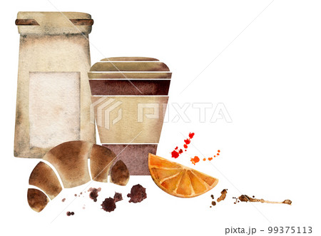 Watercolor hand drawn composition with paper coffee cups, bags, croissants, orange slices, leaves. Isolated on white background. For invitations, cafe, restaurant food menu, print, website, cards 99375113