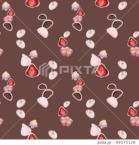 Watercolor seamless pattern with hand drawn traditional Japanese sweets. Wagashi, mochi, sakura blossom. Isolated on color background. Invitations, restaurant menu, greeting cards, print, textile 99375126