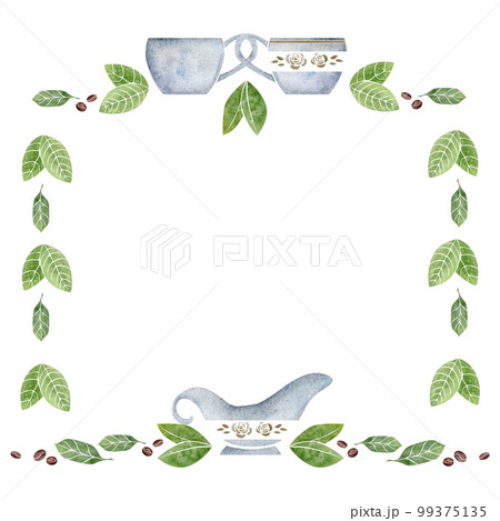 Watercolor hand drawn border frame porcelain and gold coffee cups, roasted beans, green leaves, creamer. Isolated on white background For invitations, cafe, restaurant food menu, print, website, cards 99375135