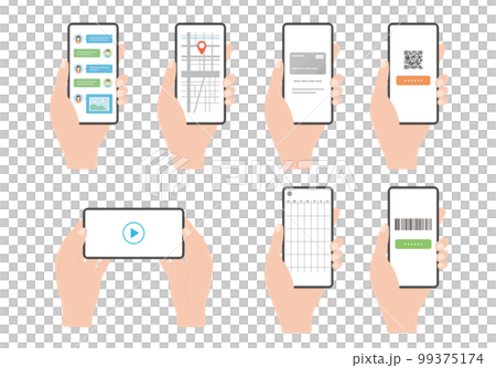 Hand illustration and icon holding a smartphone Various smartphone screen sets 99375174