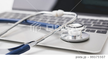 Doctor Day Concept, Health doctor stethoscope on keyboard of laptop computer with copy space, care patient in hospital, Medical and Healthcare insurance, Modern medical Information gadget diagnostics 99375507