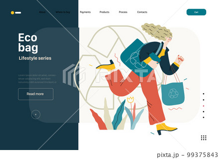 Lifestyle website template - Eco bag - modern flat vector illustration of woman holding her eco bags and recycle sign, ecology metaphor. People activities concept 99375843