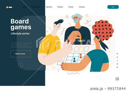 Lifestyle website template - Board games - modern flat vector illustration of people playing a board card game with a dice. People activities concept 99375844