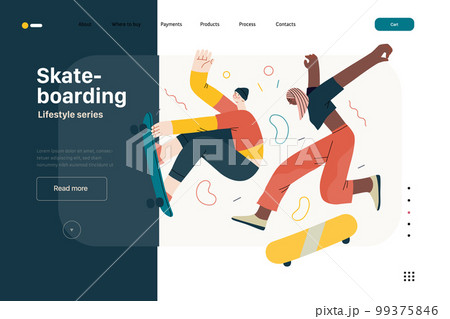 Lifestyle website template - Skateboarding - modern flat vector illustration of a young male and female skaters jumping in the air with their skateboards.. People activities concept 99375846