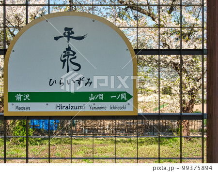 平泉駅の駅名標と桜 平泉駅の駅名標と桜 99375894