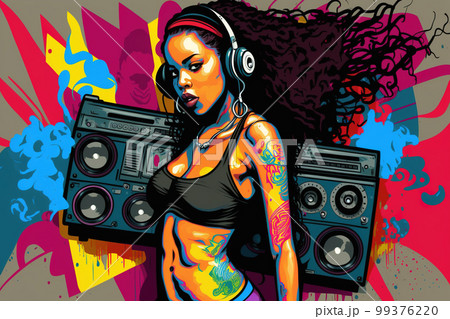 Hip hop and cool black girl concept, young woman listen music on street, illustration 99376220