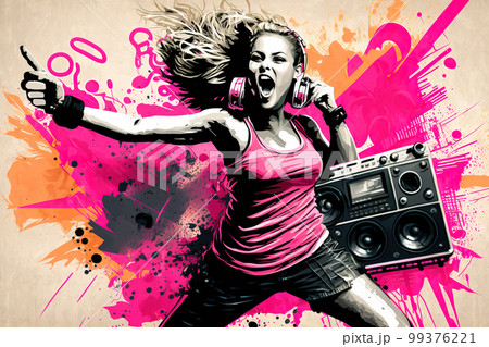 Hip hop and cool white girl concept, young woman dancing on street, illustration 99376221
