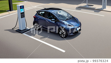 electric charging car. EV charging station for electric car in concept of green energy. EV electric car pluged charging at a recharge station. generative ai 99376324