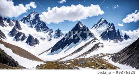 Mountains landscape, trekking. Success, freedom and happiness, achievement in mountains. Scenic view of snowy mountains trees and white fluffy clouds. Generative AI 99376329