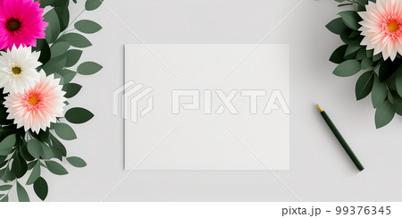 Mockup white paper. Paper mock up floral. Flat lay, top view, copy space. Creative layout flowers with space for text on white paper Mockup white paper. Paper mock up floral. Flat lay, top view, copy space. Creative layout flowers with space for text on white paper 99376345
