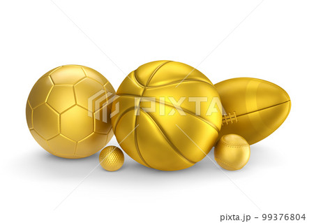 Set of gold ball like basketball, american football and golf isolated on white 99376804