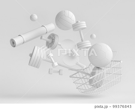 Sport equipment for fitness, gym in shopping basket on monochrome Sport equipment for fitness, gym in shopping basket on monochrome 99376843