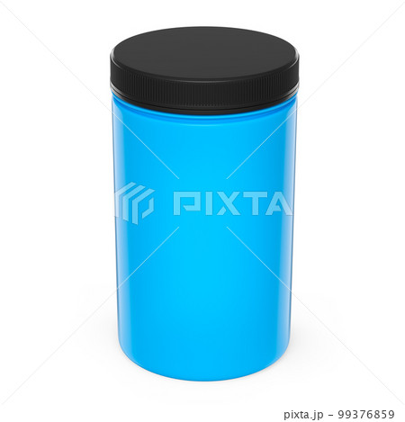 Blue plastic jar for sport nutrition whey protein powder isolated on white Blue plastic jar for sport nutrition whey protein powder isolated on white 99376859