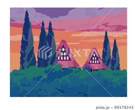 油彩風　古民家のある美しい日本の山里の風景 99378243