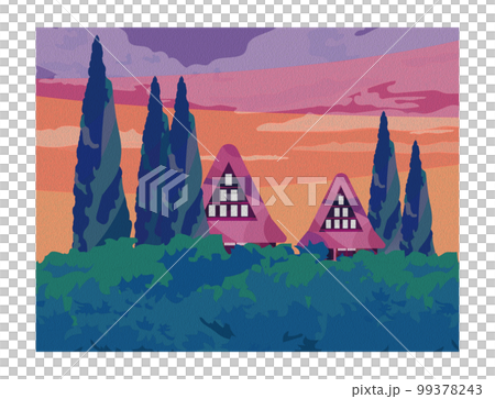 油彩風　古民家のある美しい日本の山里の風景 99378243