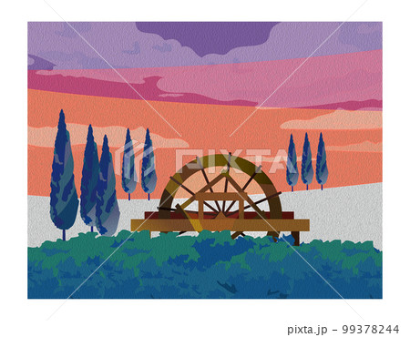 油彩風 水車のある美しい日本の山里の風景 油彩風 水車のある美しい日本の山里の風景 99378244