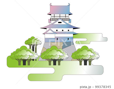 桜咲く公園とお城の見える風景 99378345