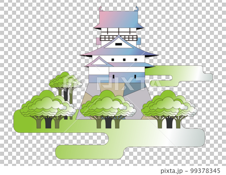 A view of a park with cherry blossoms and a castle 99378345