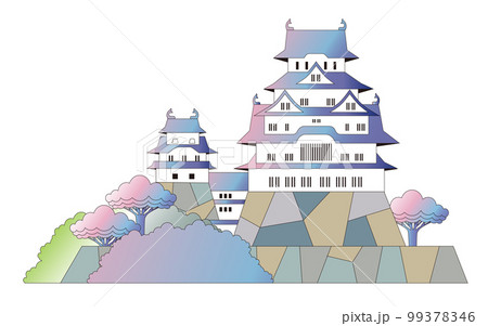 桜咲く公園とお城の見える風景 99378346