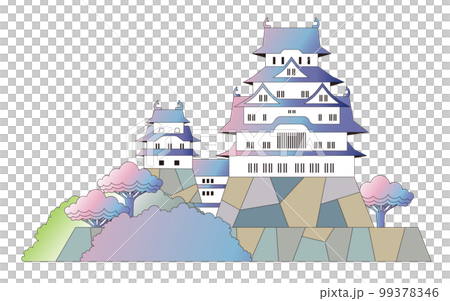 桜咲く公園とお城の見える風景 99378346