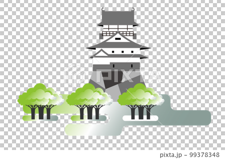 A view of a park with cherry blossoms and a castle 99378348