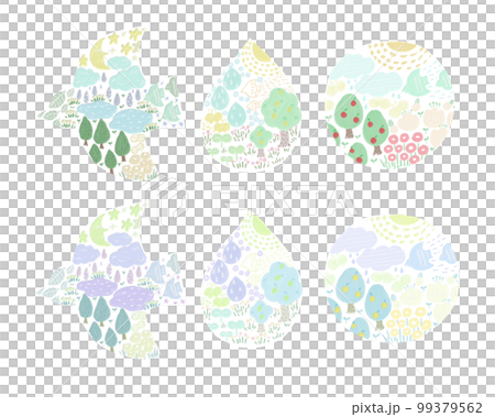 北欧風デザイン手描き油彩風、春の花と水と鳥のアイコン背景 北欧風デザイン手描き油彩風、春の花と水と鳥のアイコン背景 99379562