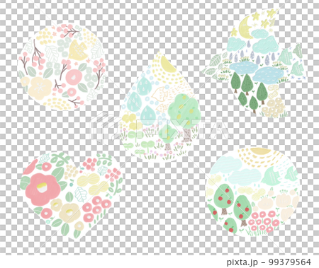 北欧風デザイン手描き油彩風、春の花と鳥の飾りアイコン 99379564