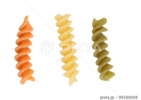 Three samples of different colors of fusilli pasta. Three samples of different colors of fusilli pasta. 99380008