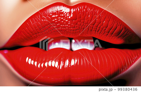 Close up of bright red colored lips as a surreal illustration with red concept, made with generative AI 99380436